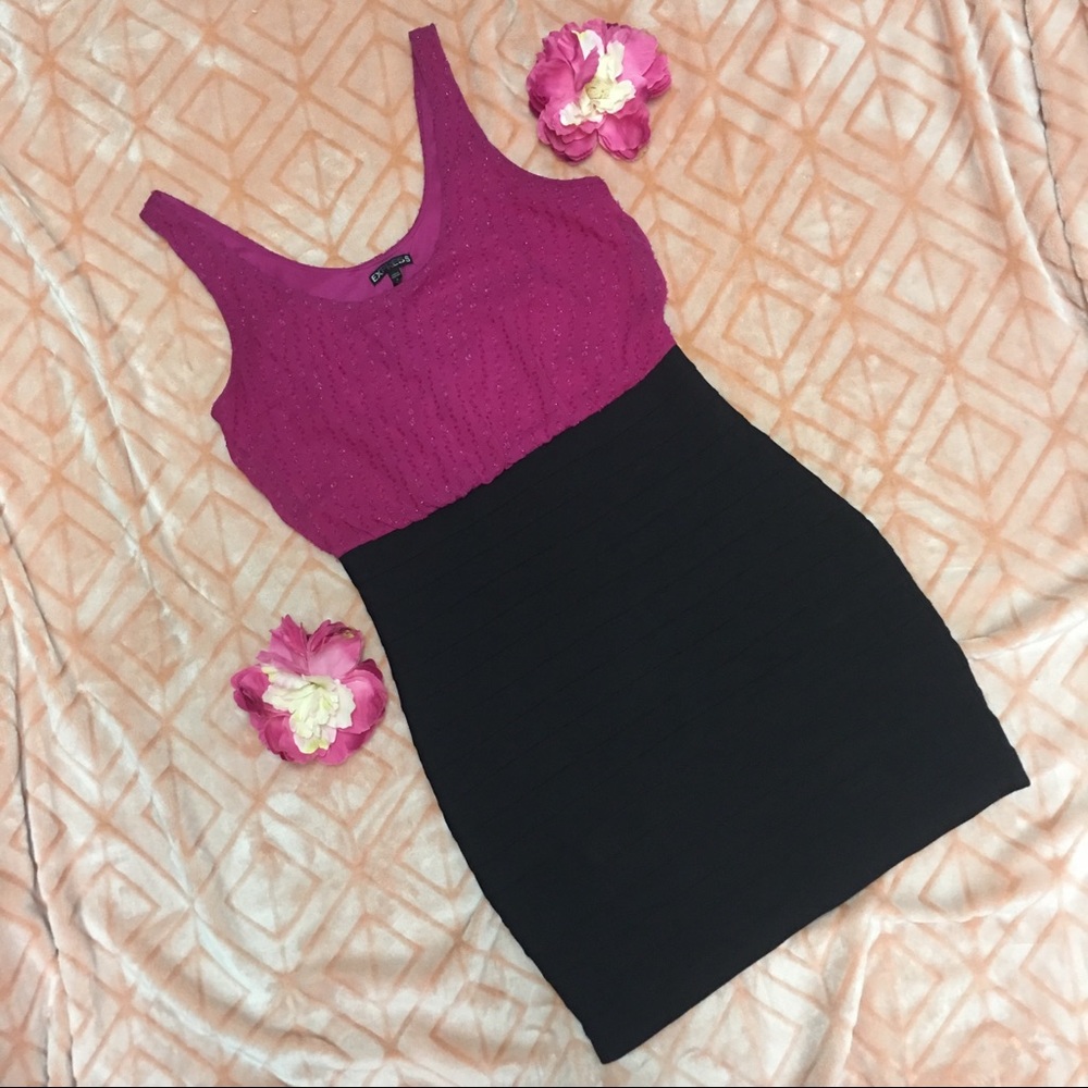 Magenta and Black Sleeveless Two-Tone Bodycon Dress